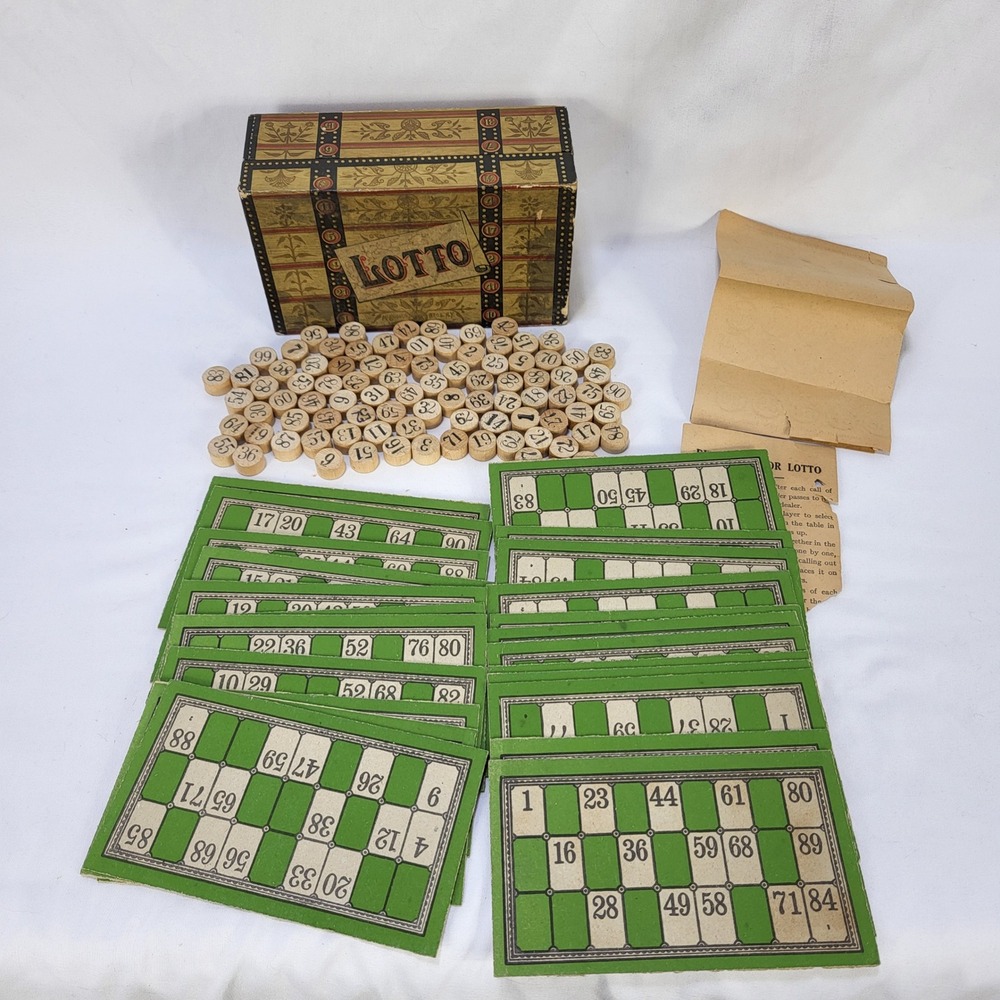 Antique McLoughlin Bros NY Lotto Game Vintage Wooden Tokens & Box Set Incomplete